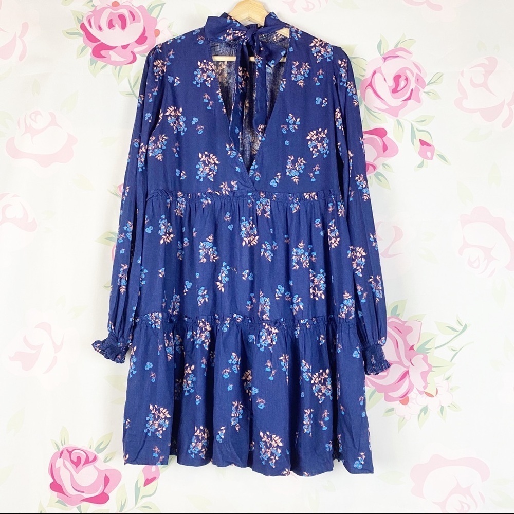 NEW Free People Petit Fours Indigo Blue Floral Linen Mini Dress M - Picture 7 of 11